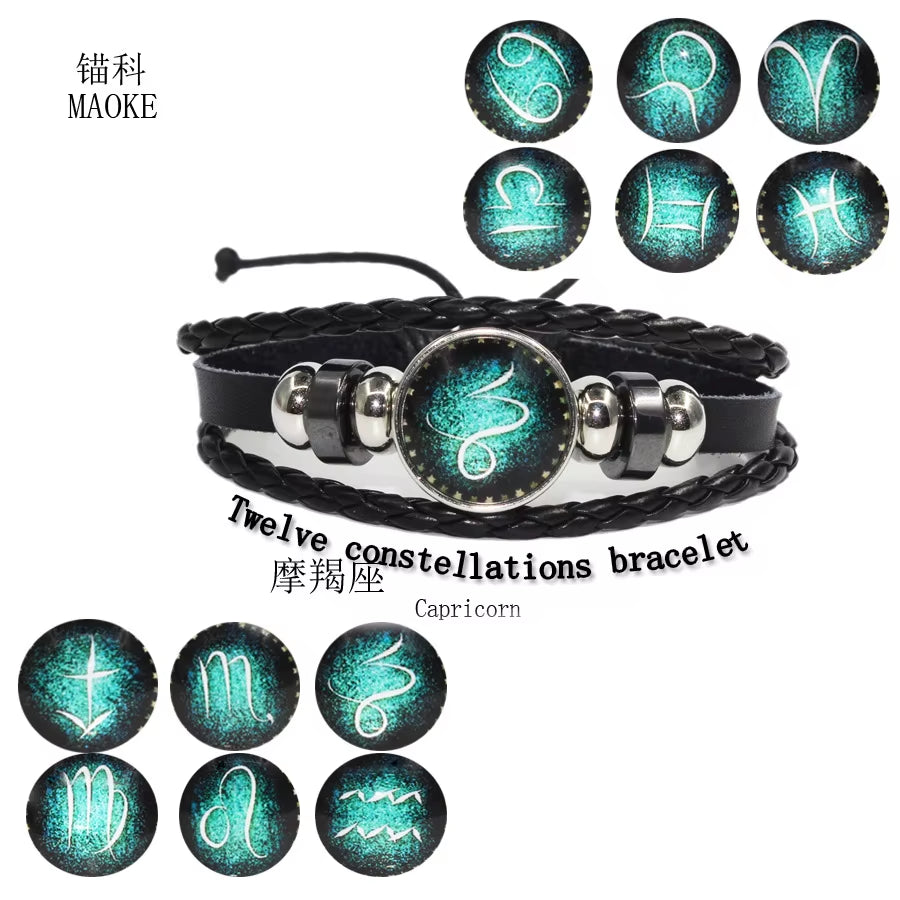Fashion Leather Beaded 12 Constellation Bracelets Hot Time GS Handmade Braided Bracelet for Couple Gifts