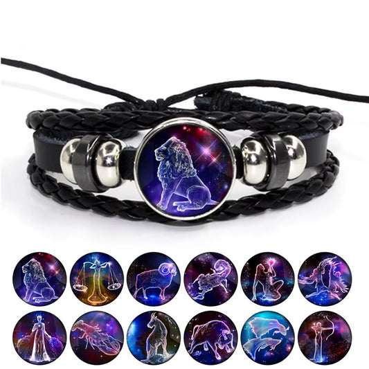 12 Constellations PU Leather Bracelet Retro Funky Braided Bracelet Creative Birthday Gifts for Boys Jewelry Accessories