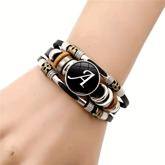 26 English Letters Bracelets, PU Leather Bangles, Retro Punk Style Handmade Multi-Layer Beaded Hand Jewelry Couple Gifts