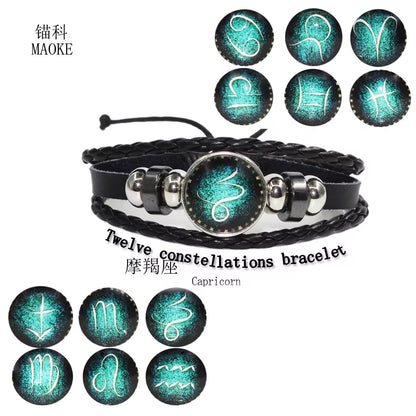 Fashion Leather Beaded 12 Constellation Bracelets Hot Time GS Handmade Braided Bracelet for Couple Gifts
