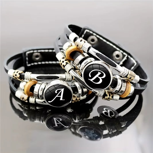 26 English Letters Bracelets, PU Leather Bangles, Retro Punk Style Handmade Multi-Layer Beaded Hand Jewelry Couple Gifts